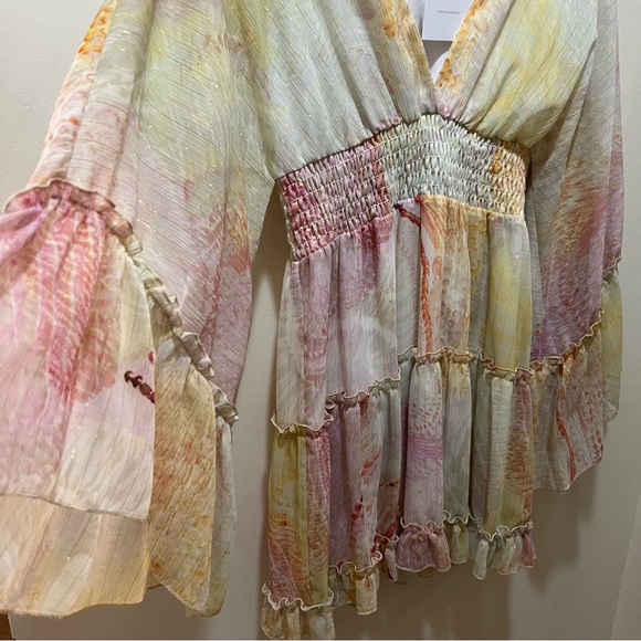 Lavender Brown mini dress V-neckline bell sleeves
tiered skirt pastel large NWT - Picture 5 of 10